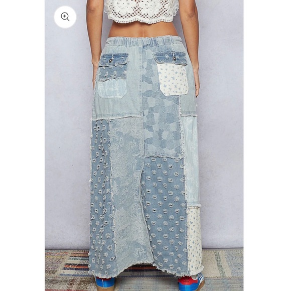 Boho Maxed Out Corded Waist denim patchwork maxi skirt size SMALL by POL - Picture 2 of 3